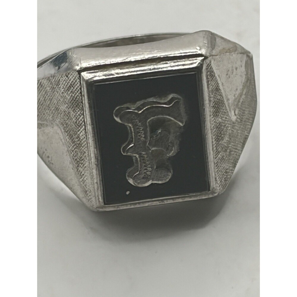 Men's 925 Sterling Silver and Onyx Letter ''f" Signet Ring Size 11